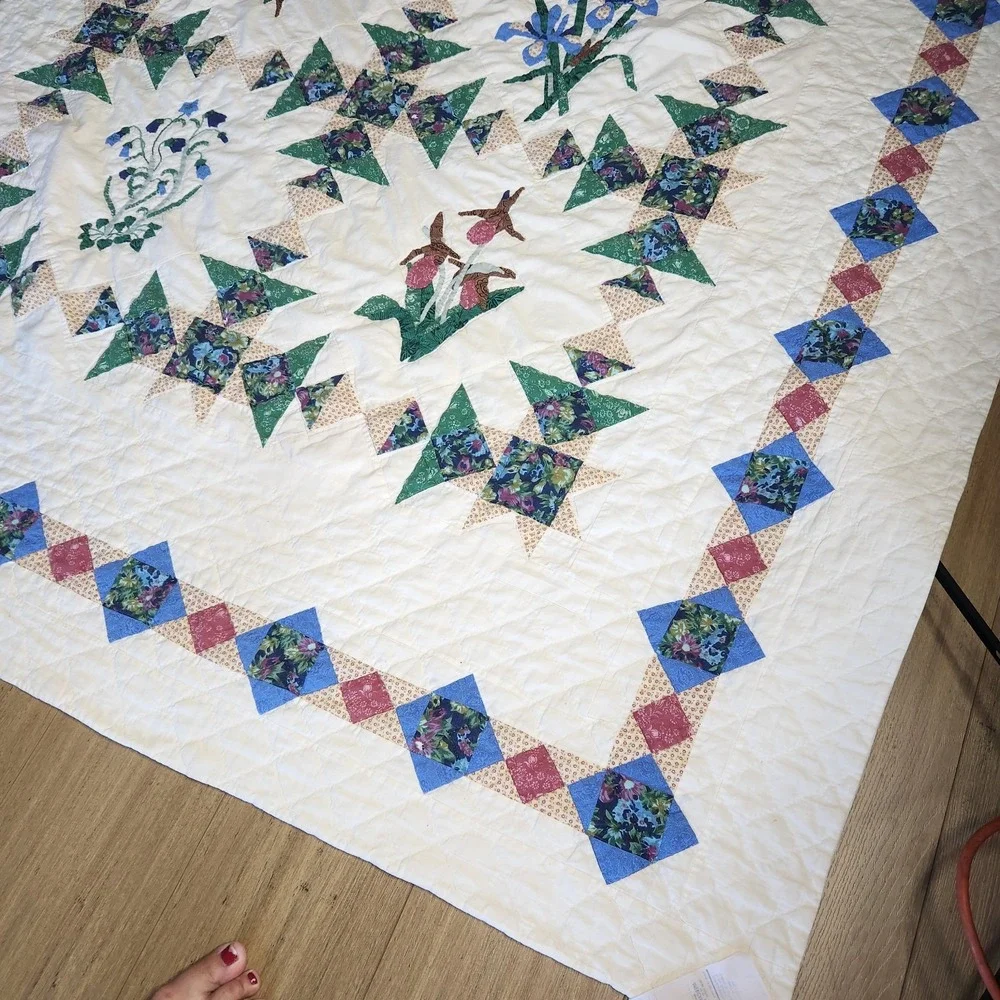 Vtg LL Bean Freeport Maine Botanical Block Applique Patchwork Quilt 62 X 80